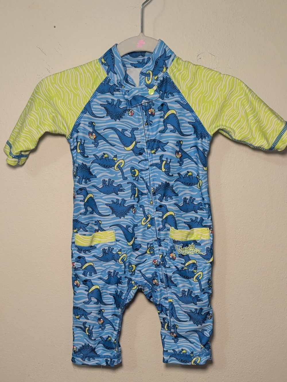 UVSkinz One-Piece Zip-Up Baby Swimsuit Blue + Green Dino Print Boys Size 3-6 M